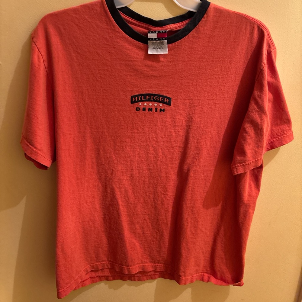 Tommy Hilfiger Men's Orange & Navy Tee. Vintage.